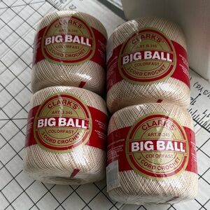 Vintage Clark’s Big Ball Crochet Cotton Thread Lot of 4 Size 20 New Ecru 400 Yds
